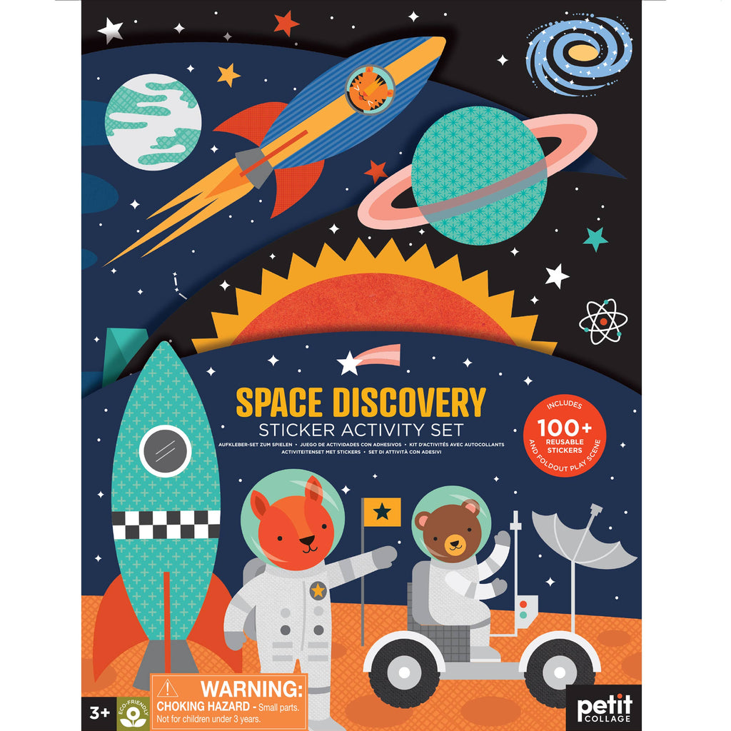 Space Discovery Sticker Activity Set with 100+ reusable stickers, rockets, planets, and animal astronauts for kids 3+