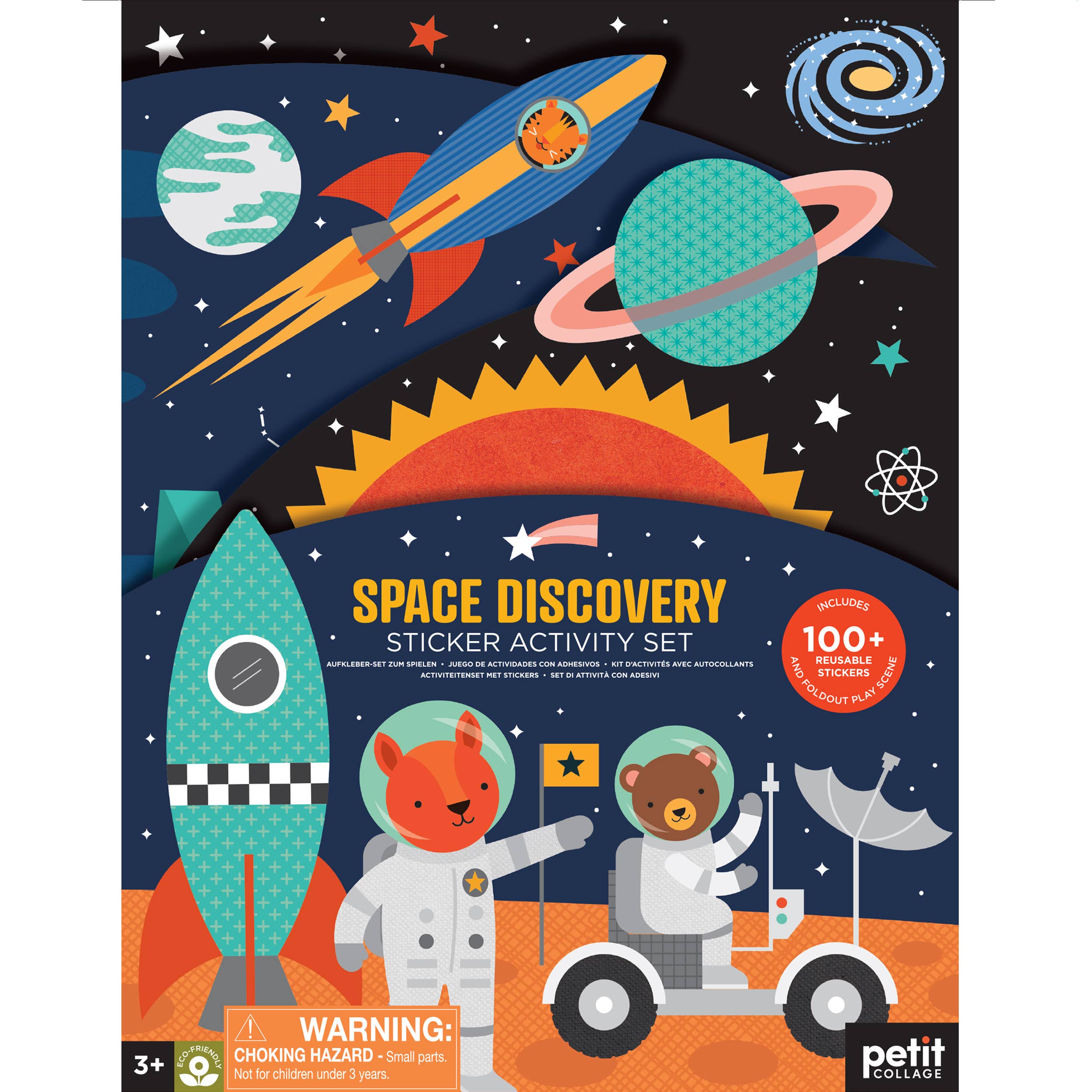 Space Discovery Sticker Activity Set with 100+ reusable stickers, rockets, planets, and animal astronauts for kids 3+