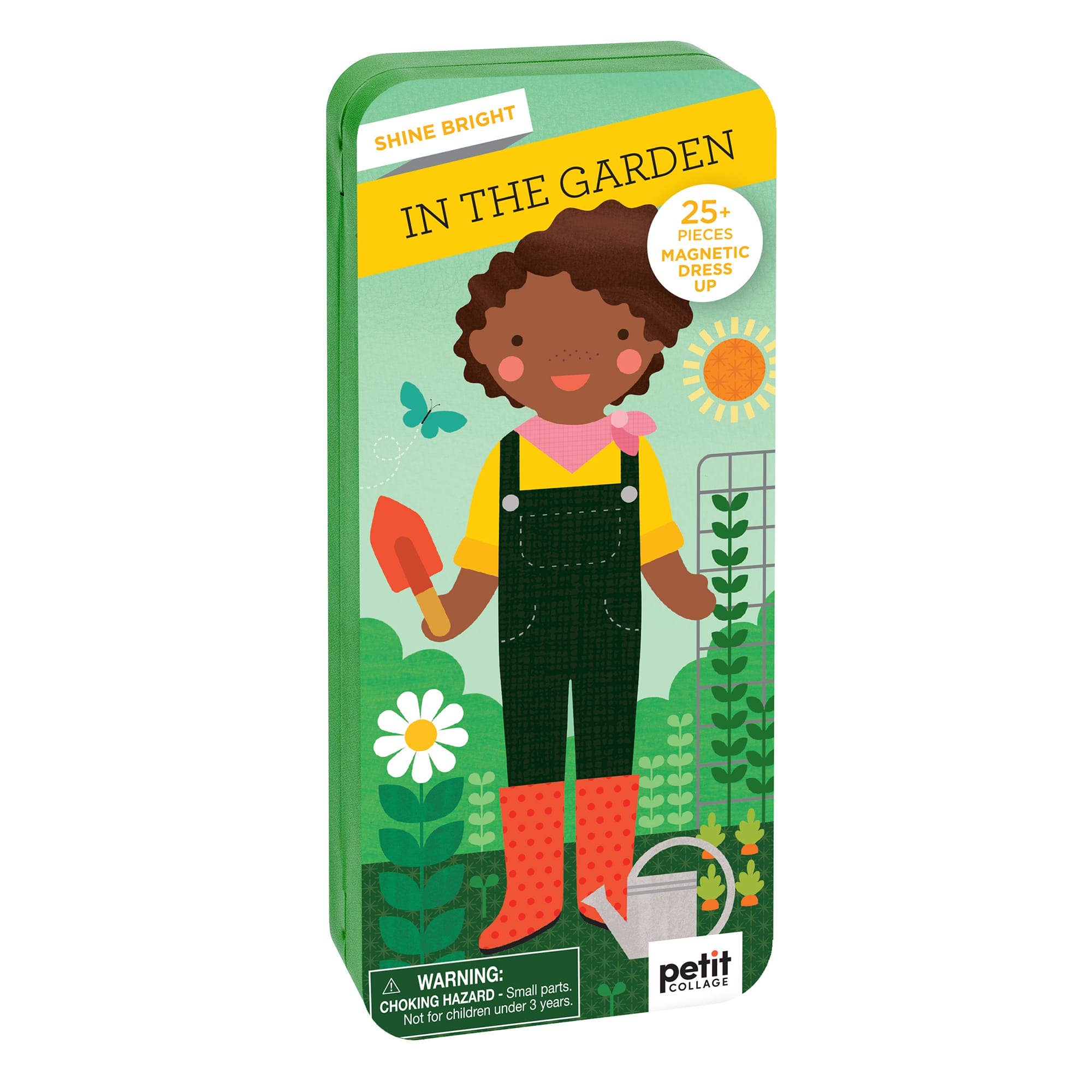 In the Garden magnetic dress-up toy with 25+ pieces, featuring a child gardener, flowers, and tools for imaginative play.
