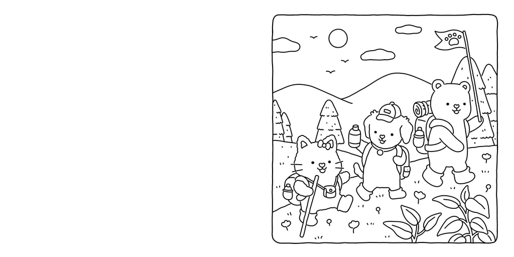 Black and white illustration of animals on a camping trip with trees and mountains in the background.