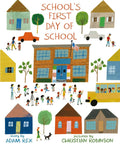 Book cover of 'School's First Day of School' with illustrations of a school, children, and a bus.