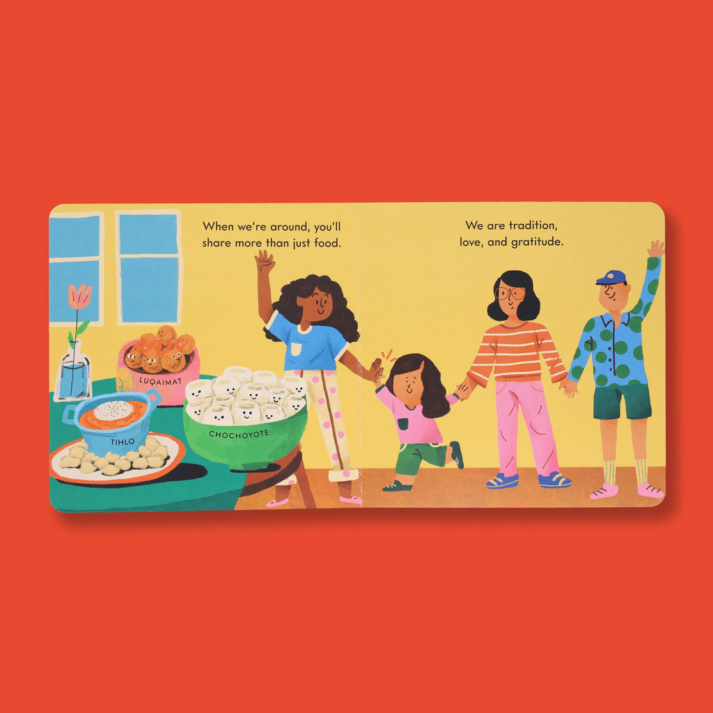Illustrated family sharing traditional foods like tihlo, luqaimat, and chochoyote in a cozy home setting