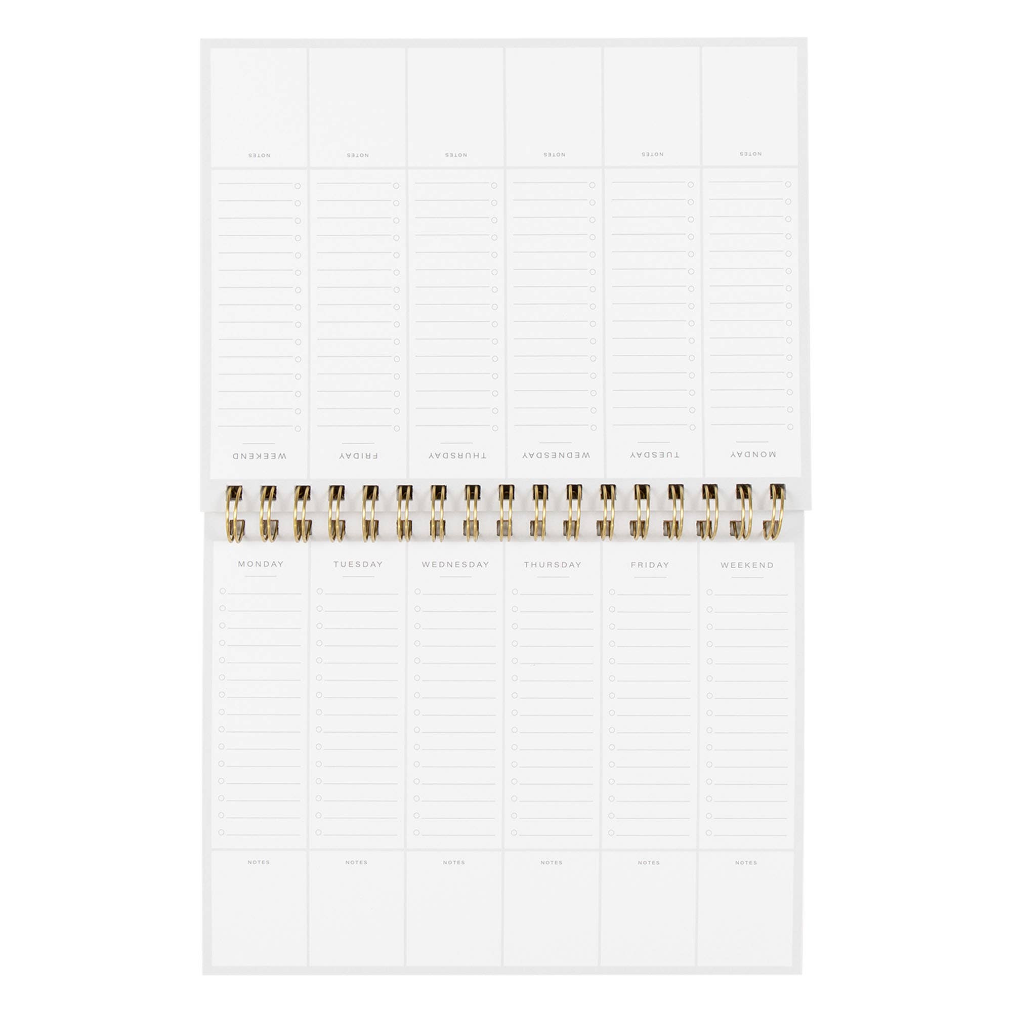 White planner with gold binding on a white background