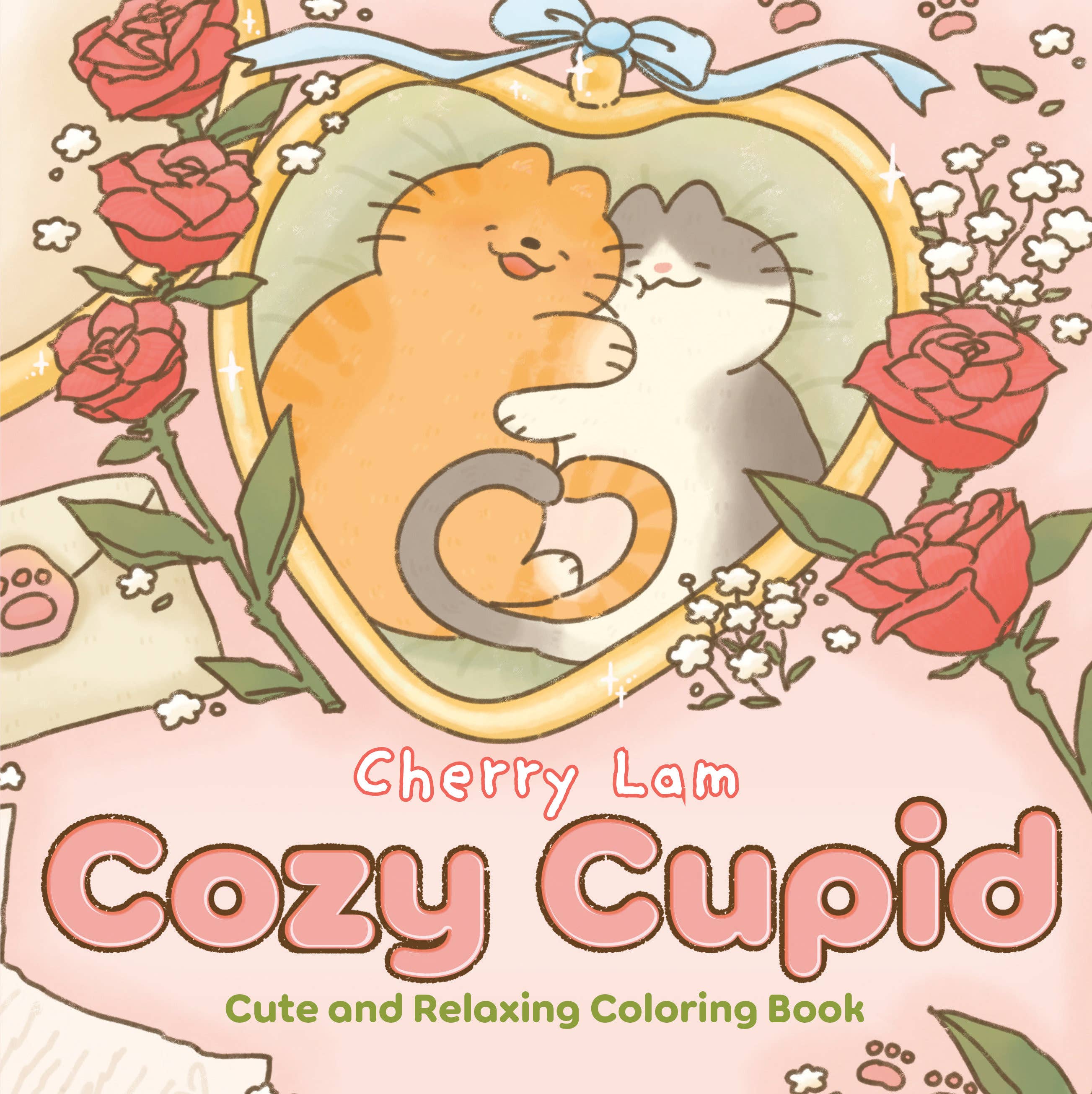 Book cover of 'Cozy Cupid' by Cherry Lam with two cats and roses on a pink background.