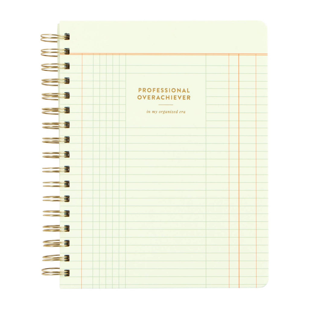 Notebook with grid pattern and 'Professional Overachiever' text on a white background