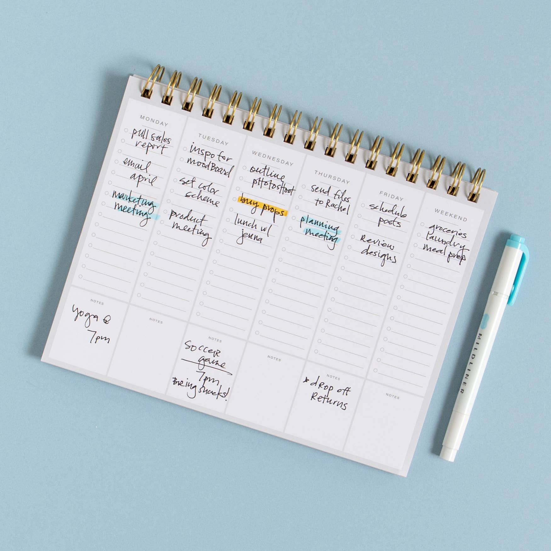 Planner with handwritten tasks on a light blue background