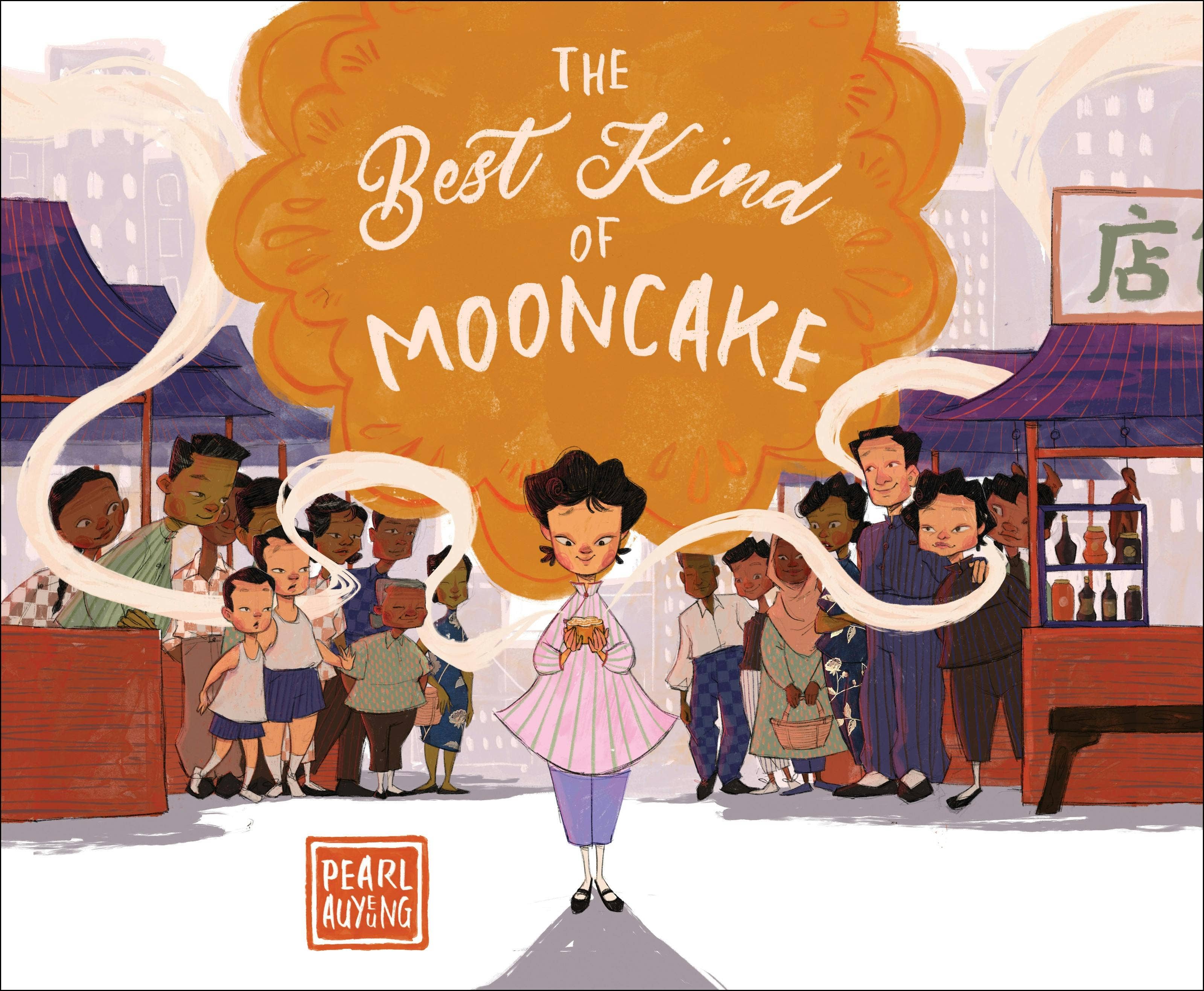 Book cover of 'The Best Kind of Mooncake' with a central character and a crowd in an urban setting.