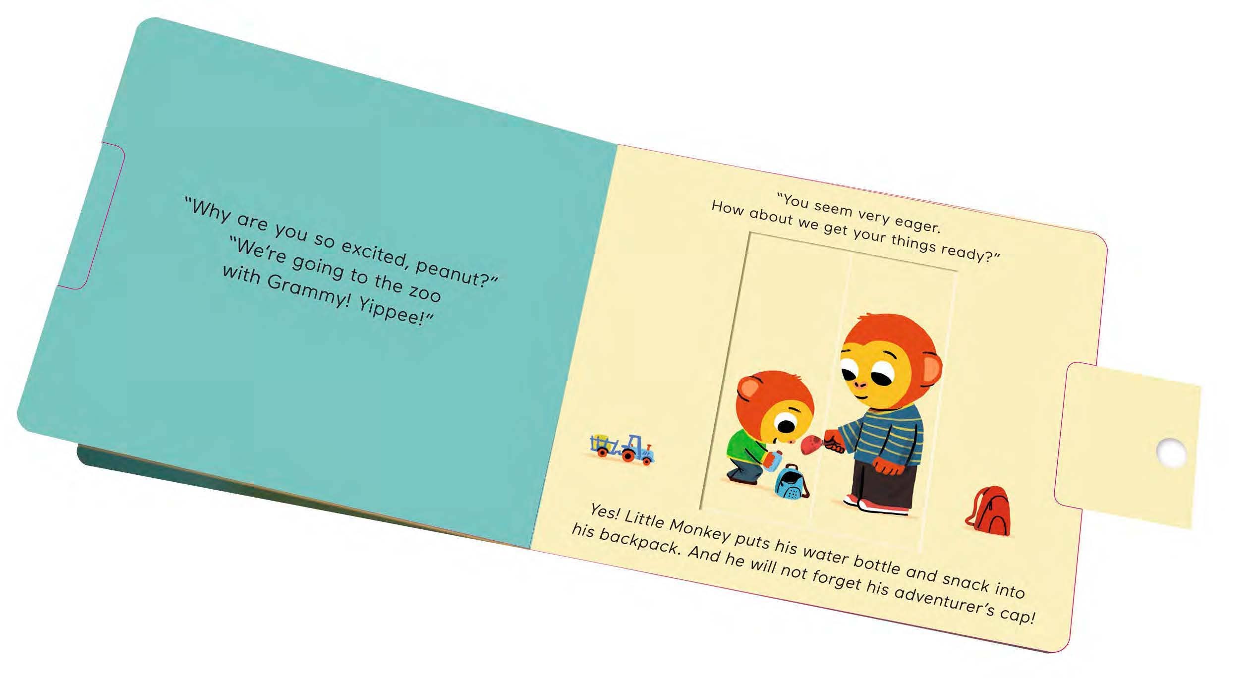 Children's book page with Little Monkey packing for zoo trip, cozy read for families