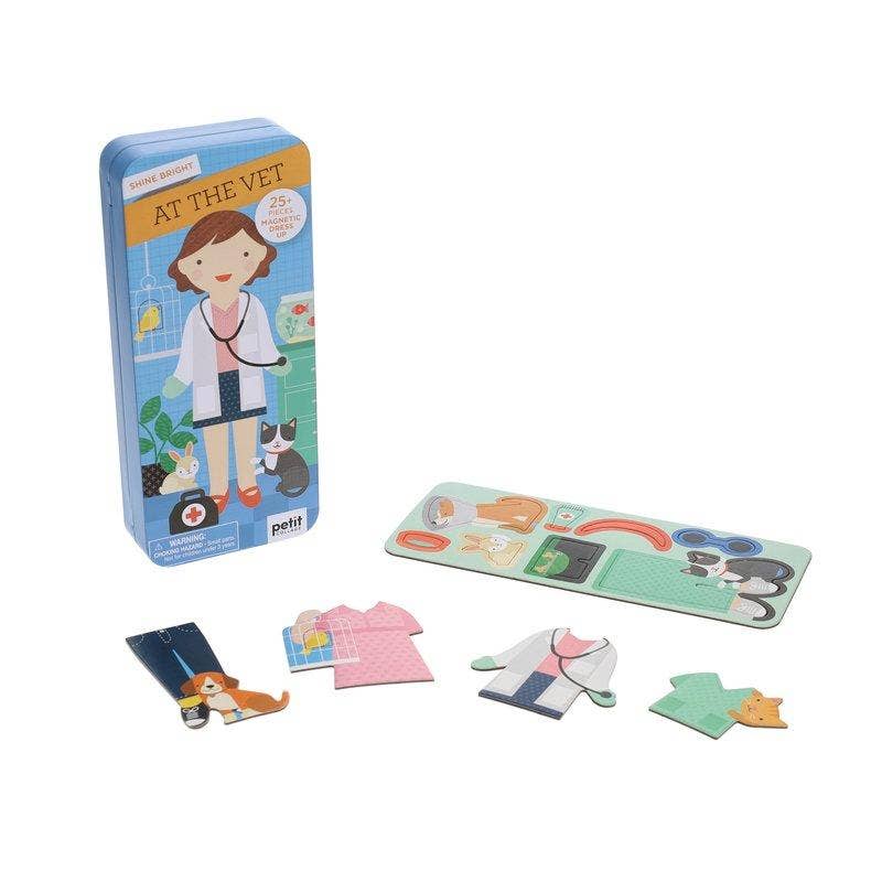 Magnetic vet dress-up toy with animal patients and medical accessories for imaginative play
