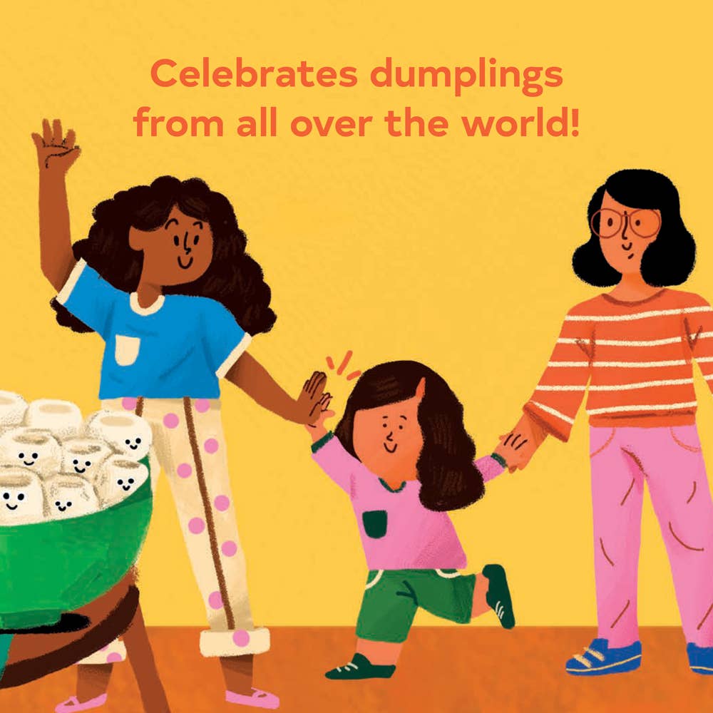 Illustration of joyful family celebrating dumplings with kids, cozy home vibe, playful art for intentional play
