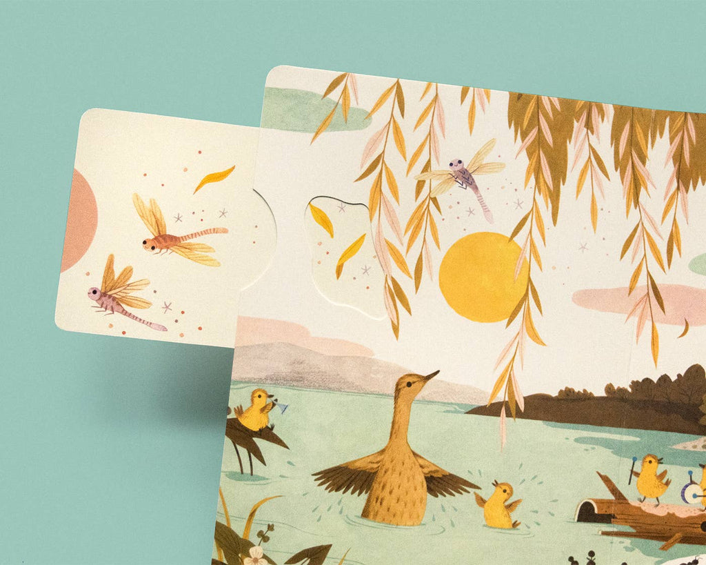Illustrated puzzle with ducks, dragonflies, and willow trees — perfect for cozy family playtime