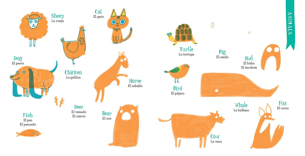 Colorful bilingual animal illustrations for kids' learning — sheep, cat, dog, whale, fox, and more with English and Spanish labels.