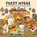 Cover of 'Fuzzy Hygge' coloring book with cartoon animals around a fireplace.