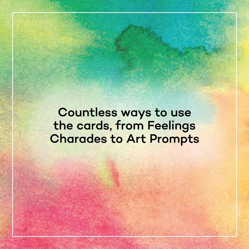 Colorful watercolor background with text: Countless ways to use the cards, from Feelings Charades to Art Prompts