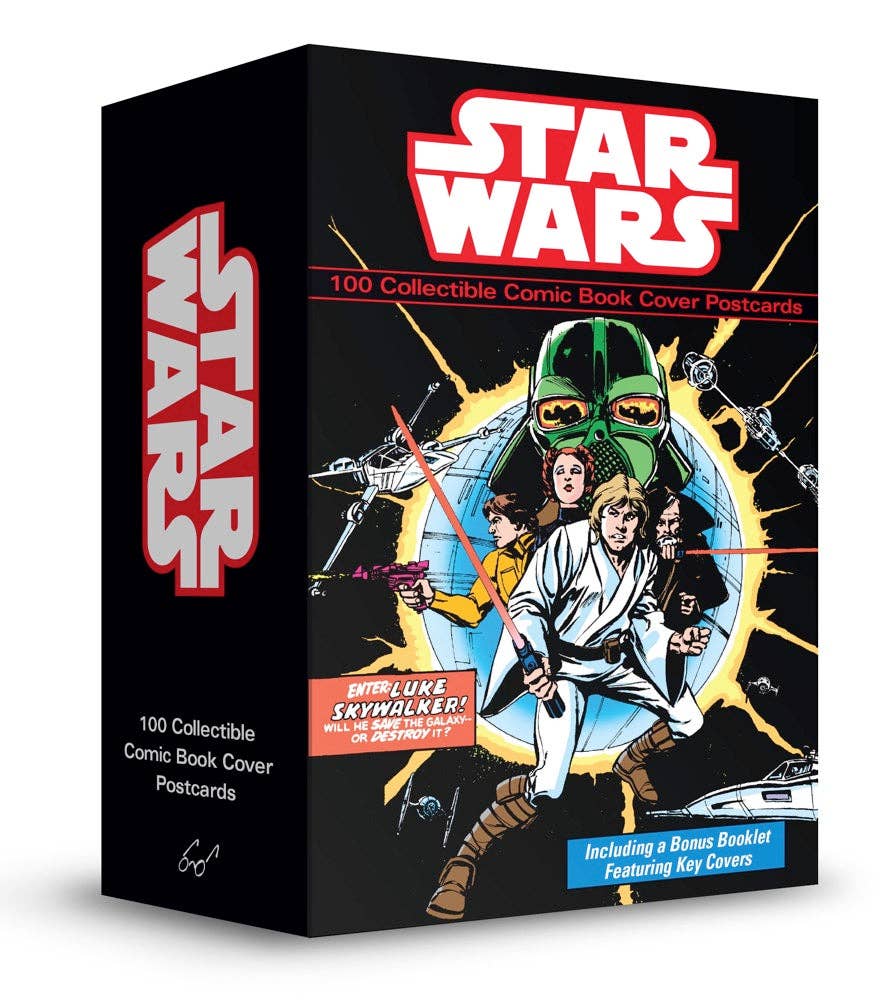 Star Wars comic book cover postcards featuring Luke Skywalker, Darth Vader, and classic characters — collectible art for fans