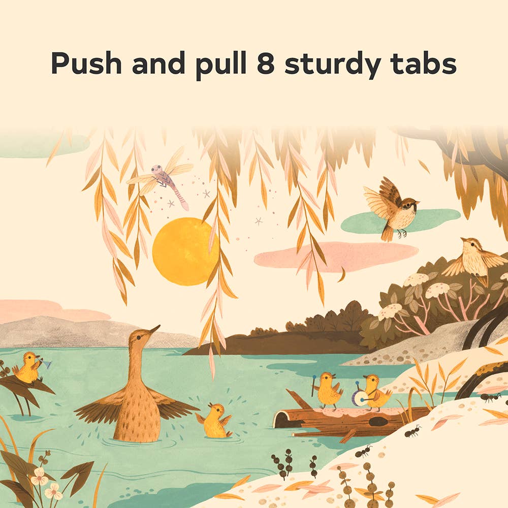 Illustrated nature scene with ducks, birds, and dragonfly near water — 8 sturdy push-pull tabs for interactive play