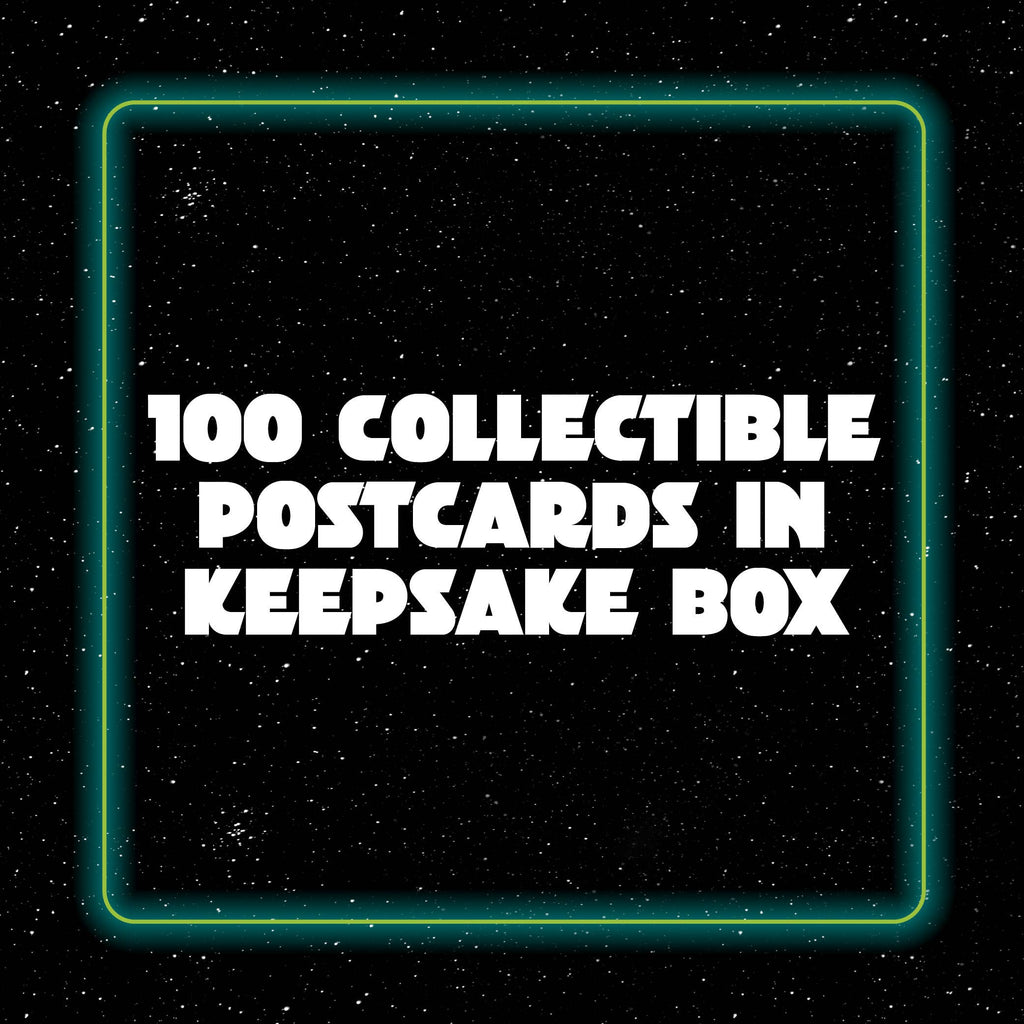 100 collectible postcards in keepsake box, starry background with neon frame