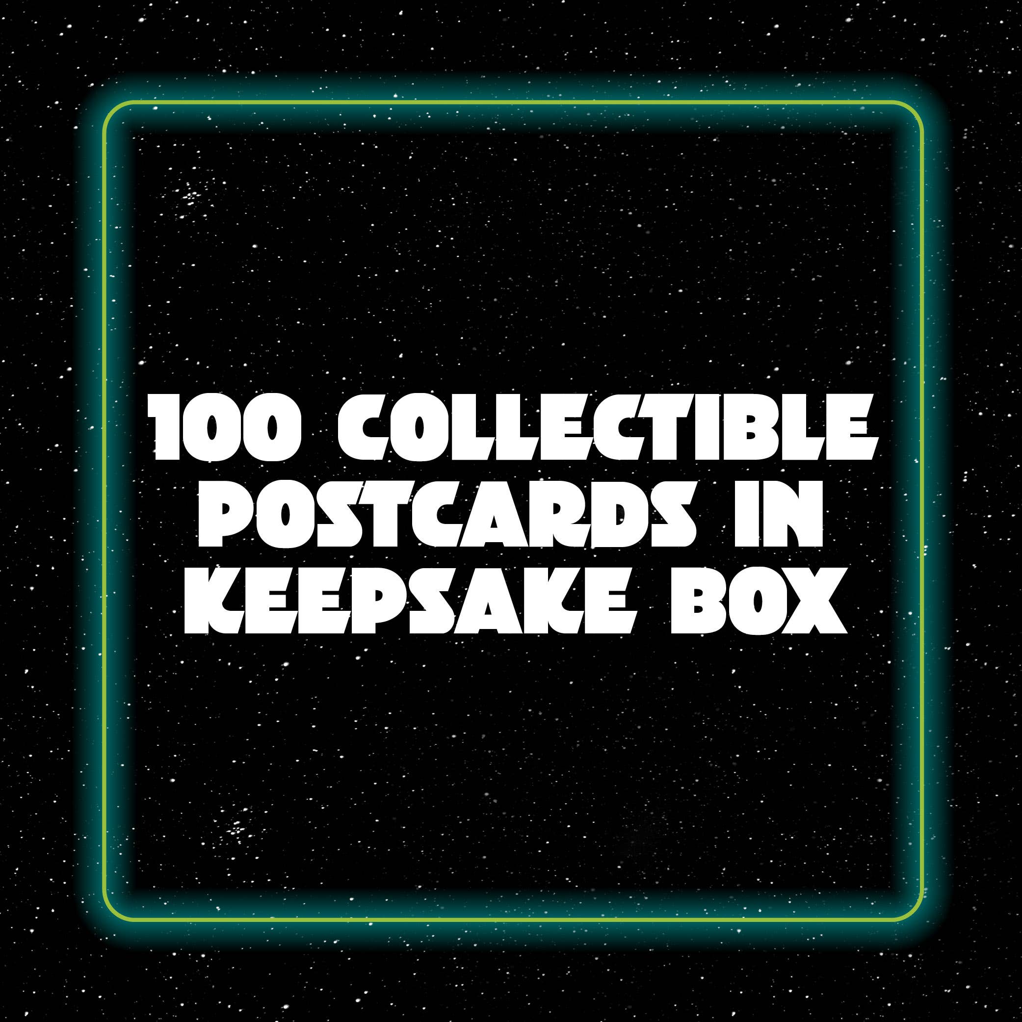 100 collectible postcards in keepsake box, starry background with neon frame