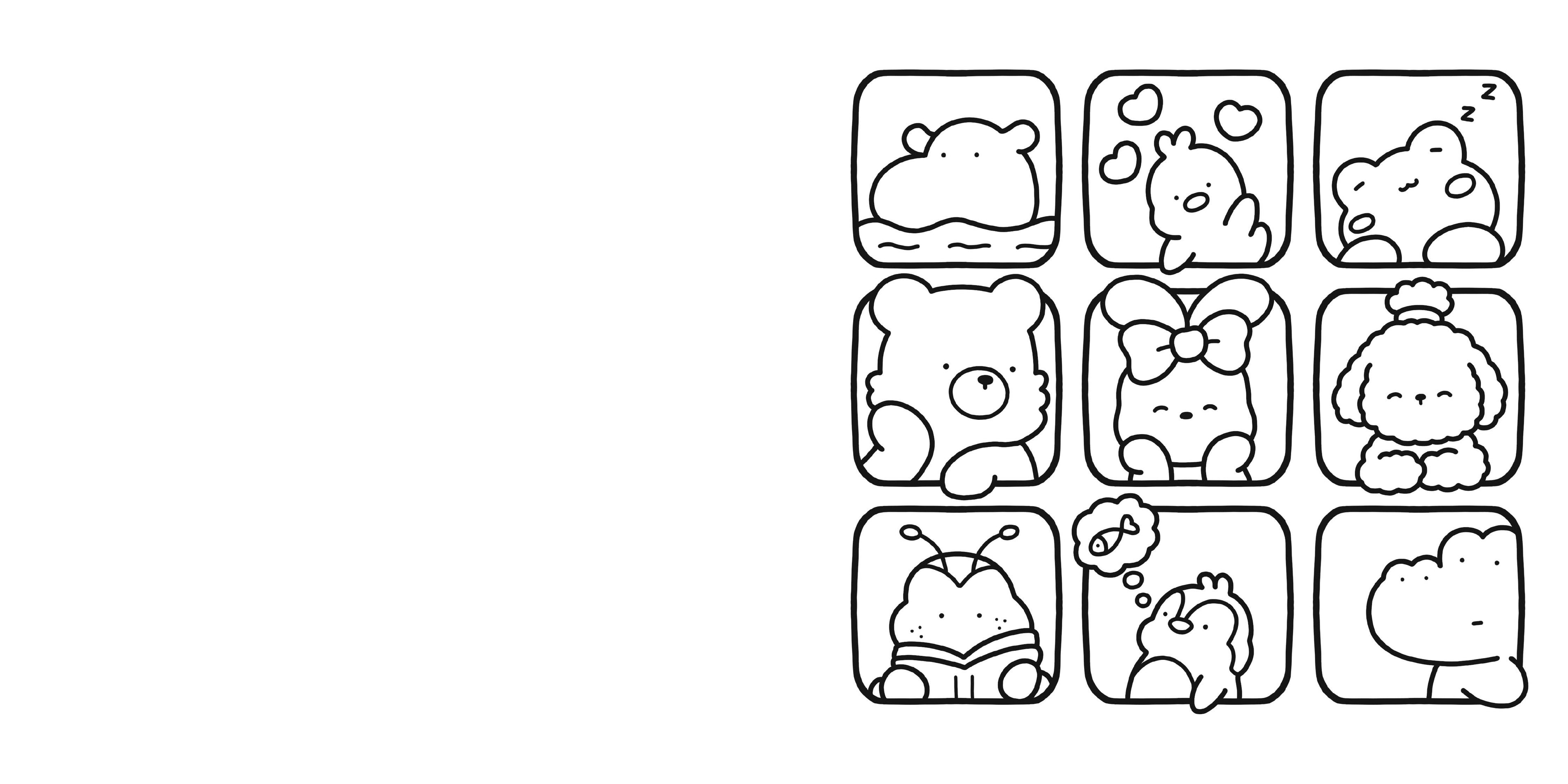 Nine square tiles with cartoon animal illustrations on a white background