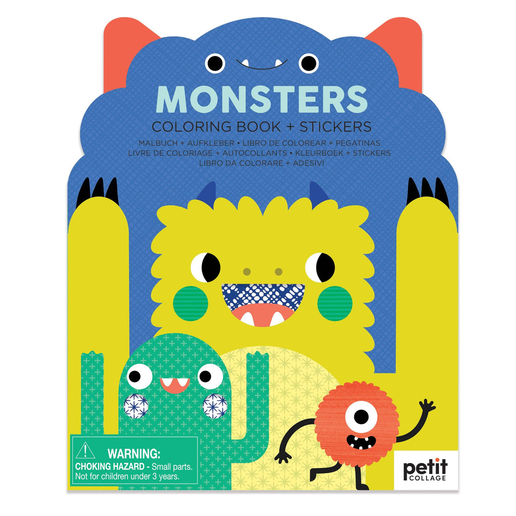 Monsters coloring book with stickers featuring cute, colorful monster characters for kids' creative play and fun.