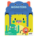 Monsters coloring book with stickers featuring cute, colorful monster characters for kids' creative play and fun.
