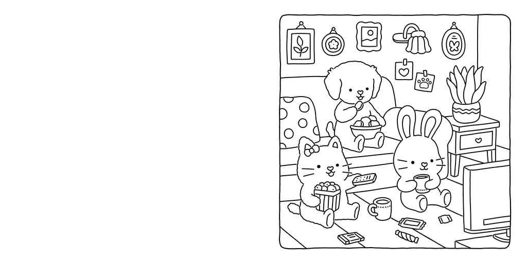 Illustration of a dog, cat, and rabbit in a room with various items.