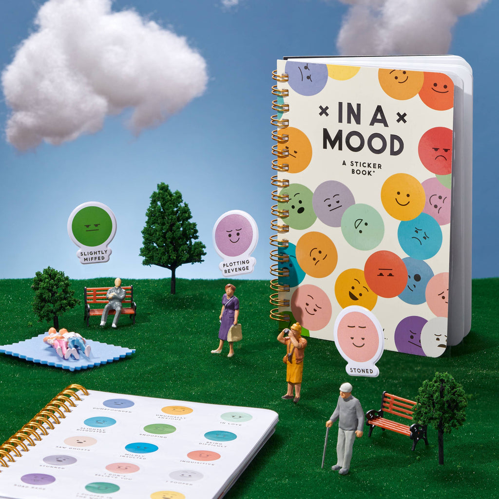 In a Mood sticker book with colorful emoji stickers, miniature park scene, and playful mood labels for planners and journals.