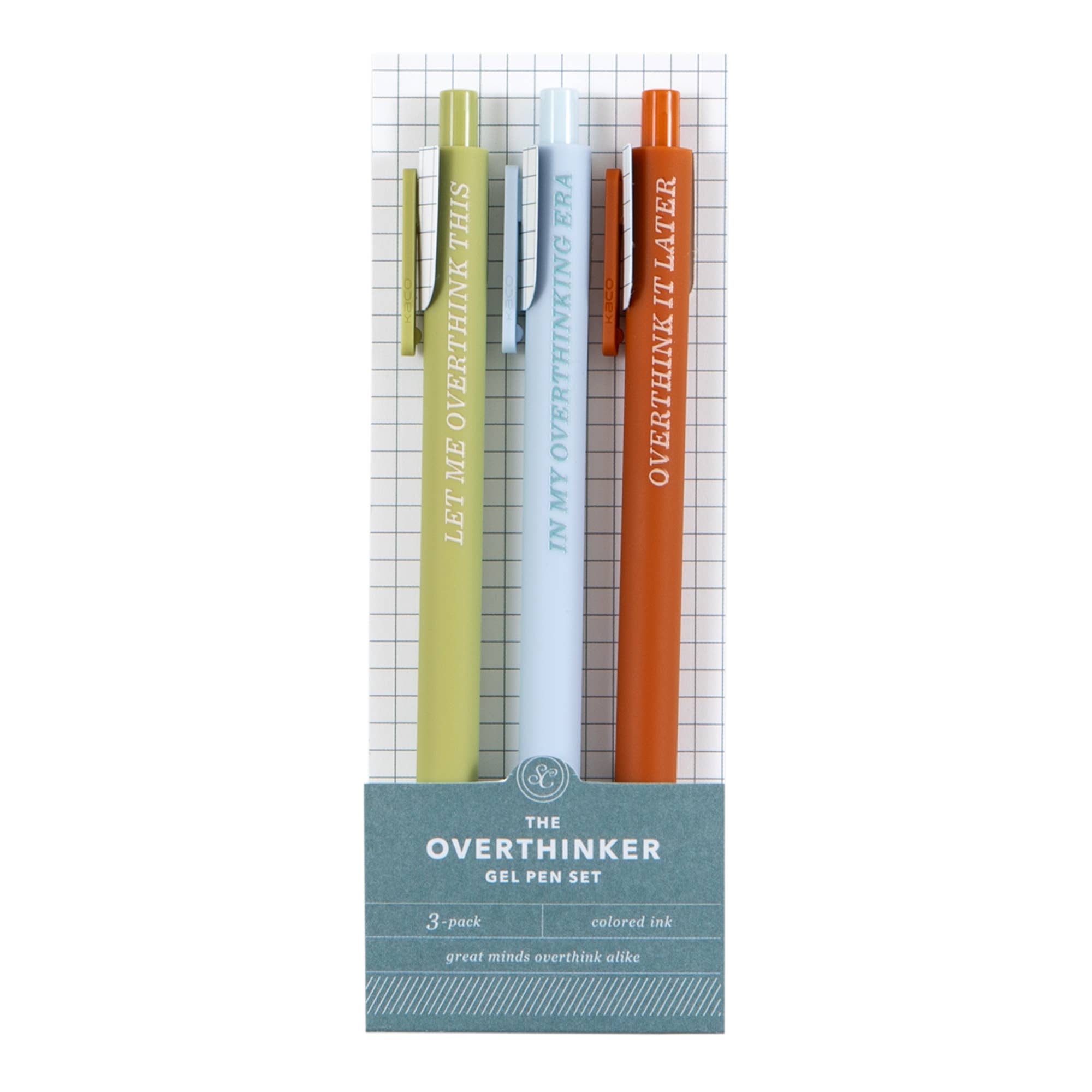 The Overthinker 3-pack gel pen set with colored ink, featuring playful phrases for planners and journaling.