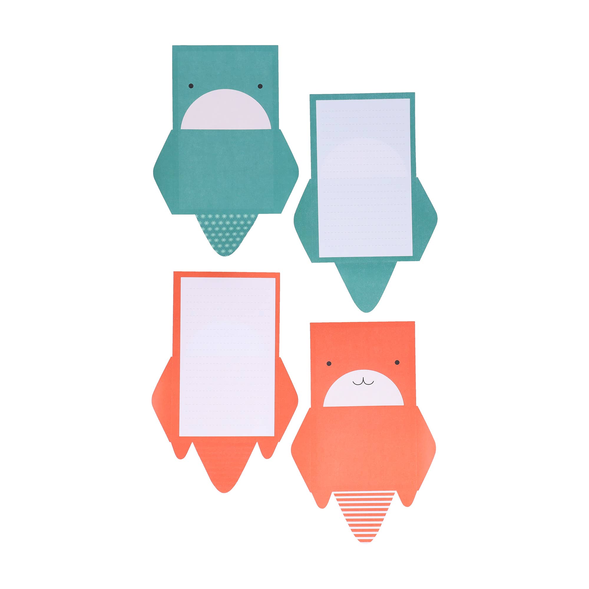 Two green and two orange animal-shaped notepads on a white background