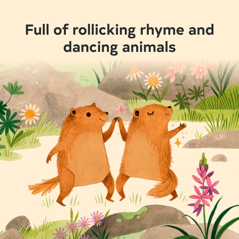 Two dancing beavers in a floral meadow, perfect for kids' books and playful learning