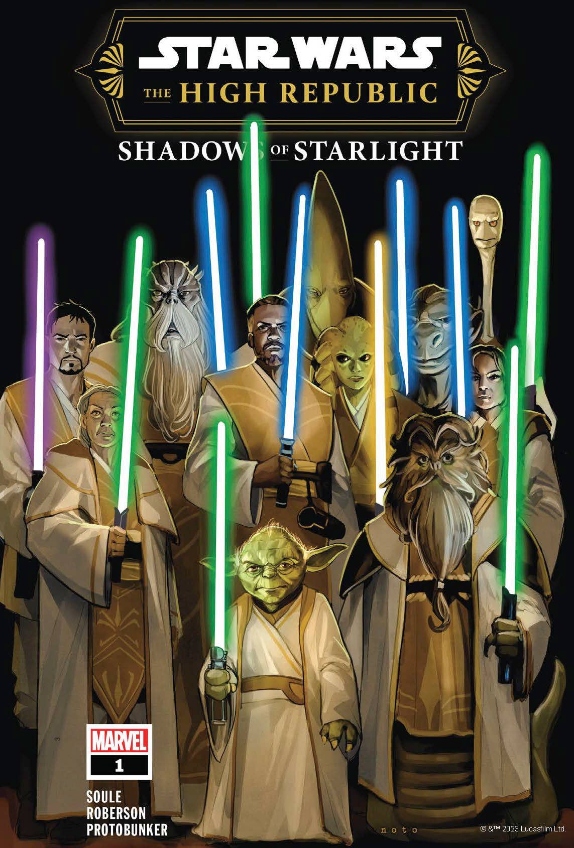 Star Wars The High Republic Shadows of Starlight comic cover with Jedi wielding colorful lightsabers
