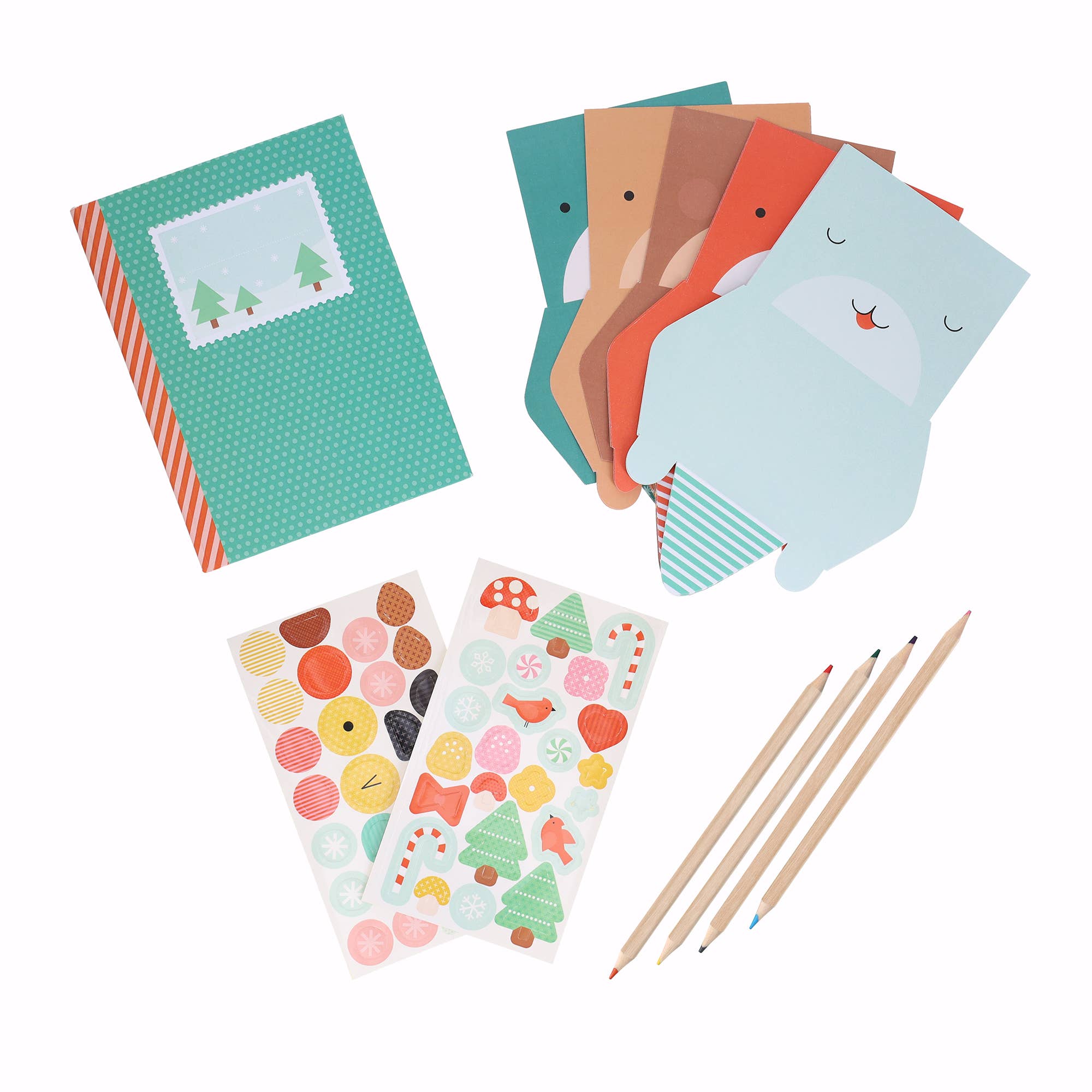 Set of colorful stationery items including notebooks and pencils on a white background