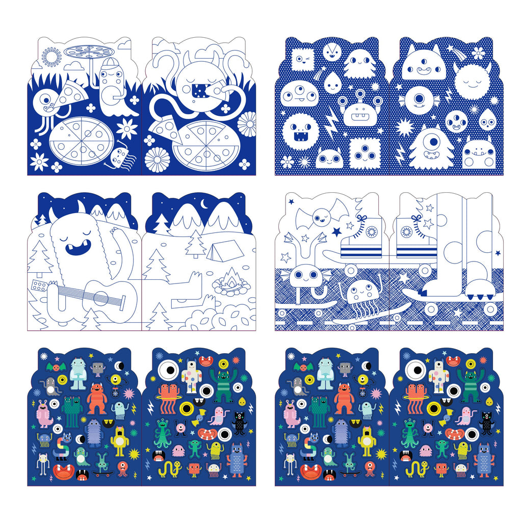 Cute monster-themed kids' activity sheets with coloring, stickers, and puzzles for playful learning