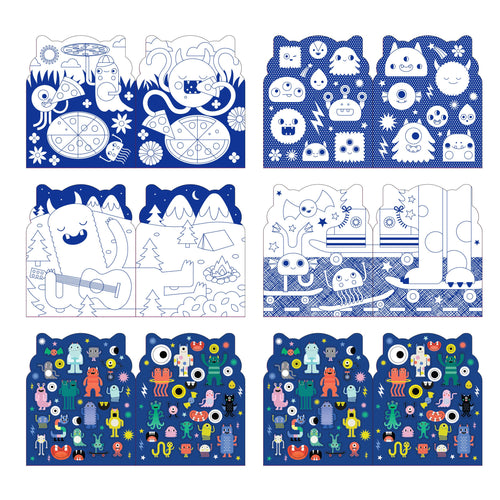Cute monster-themed kids' activity sheets with coloring, stickers, and puzzles for playful learning