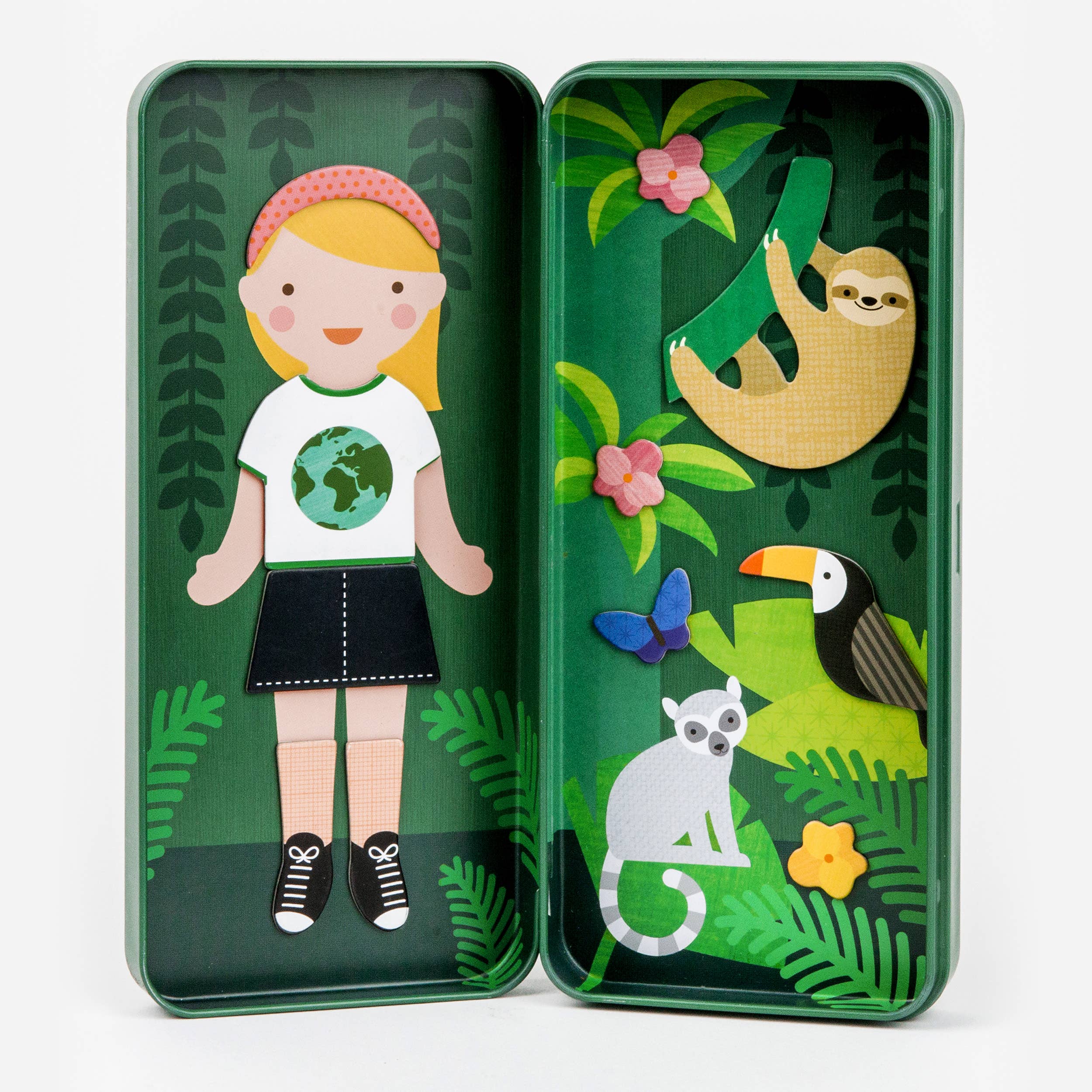 Paper doll with jungle animals in green tin — sloth, toucan, lemur, butterfly — perfect for imaginative play