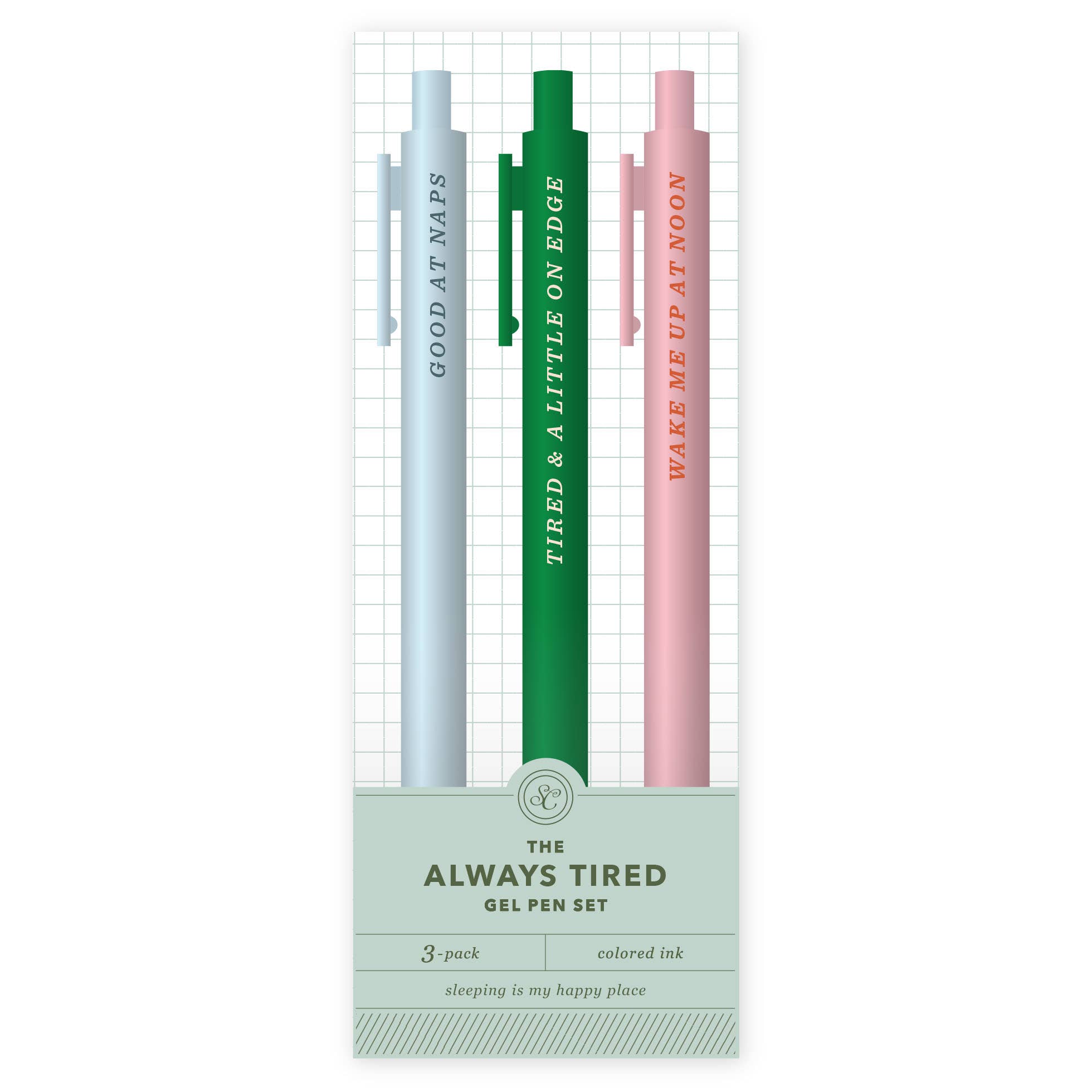 Always Tired Gel Pen Set with colorful ink, perfect for planners and cozy reads