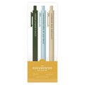 The Documenter 3-pack gel pen set with colored ink, featuring inspirational quotes for journaling and planning.