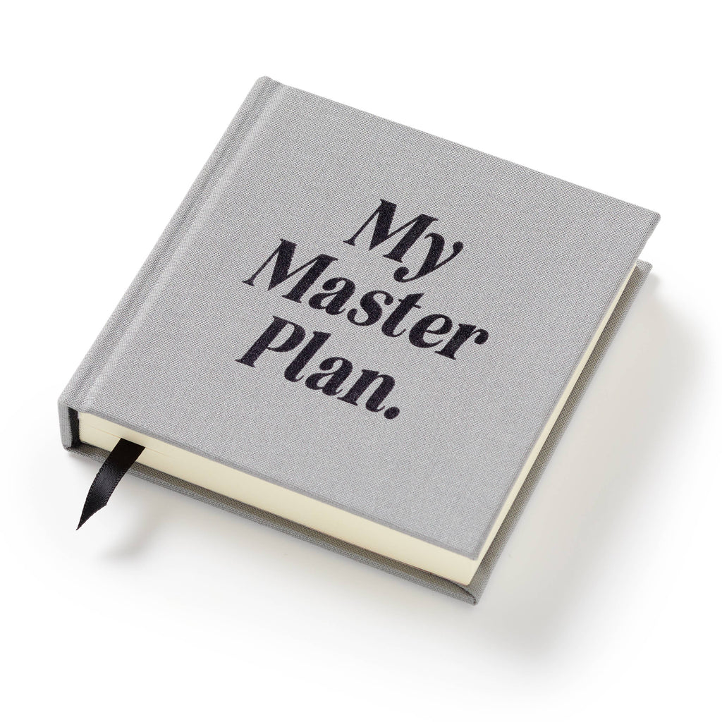 Gray fabric journal with 'My Master Plan' text, black ribbon bookmark, ideal for planners and intentional living.