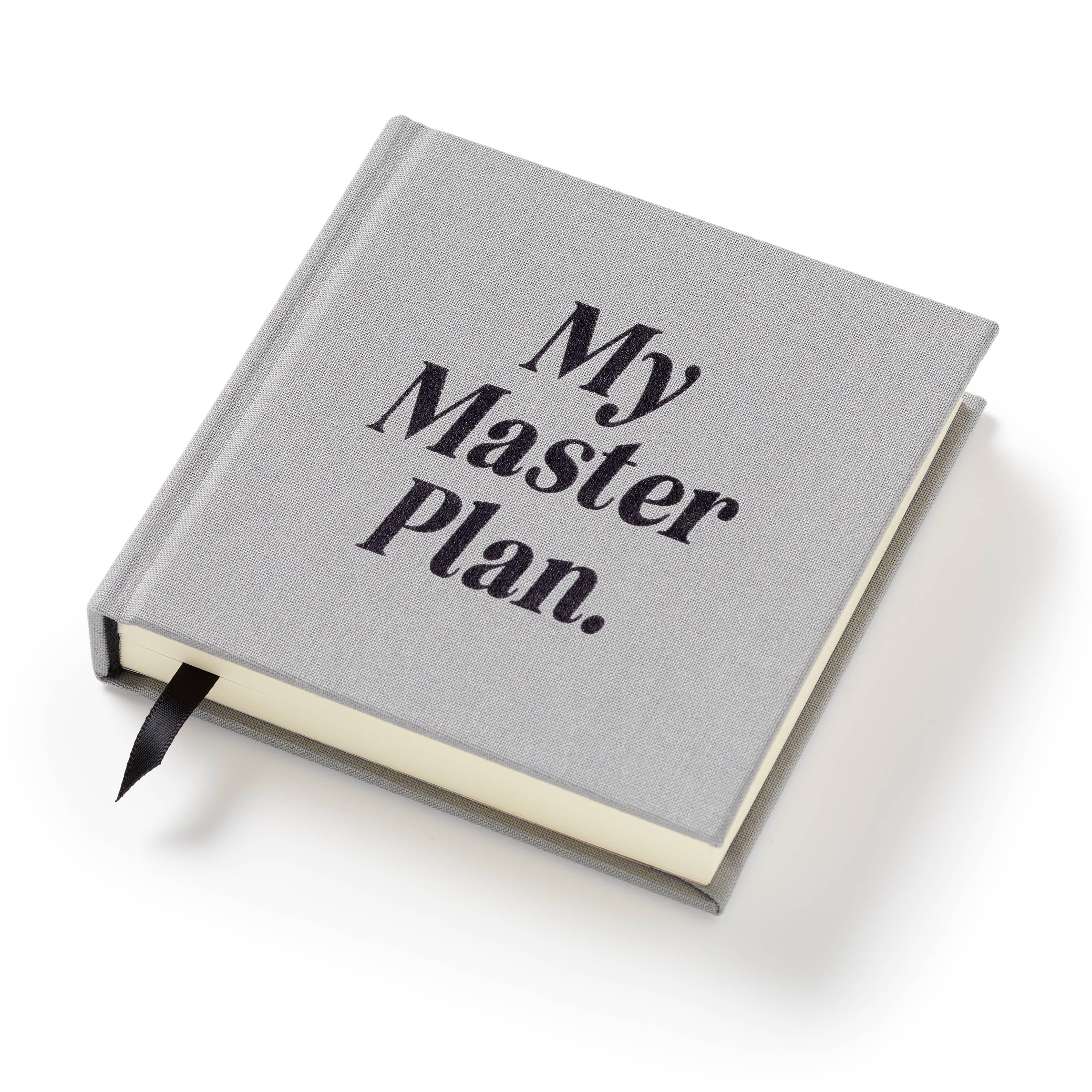 Gray fabric journal with 'My Master Plan' text, black ribbon bookmark, ideal for planners and intentional living.