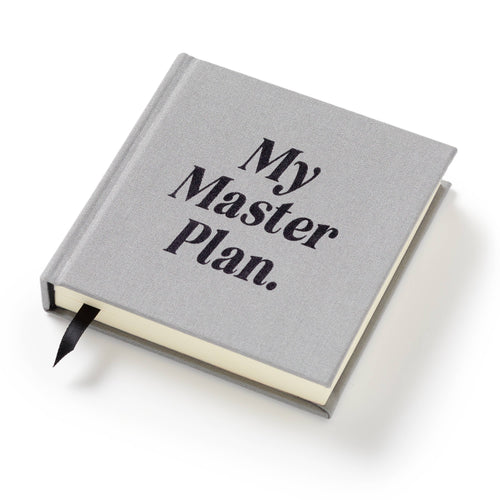 Gray fabric journal with 'My Master Plan' text, black ribbon bookmark, ideal for planners and intentional living.
