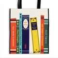 Book-themed tote bag with colorful spines: Tall Tales, Love Triangles, Heroes & Heroines, Magical Lands, Page Turners, Plot Twists