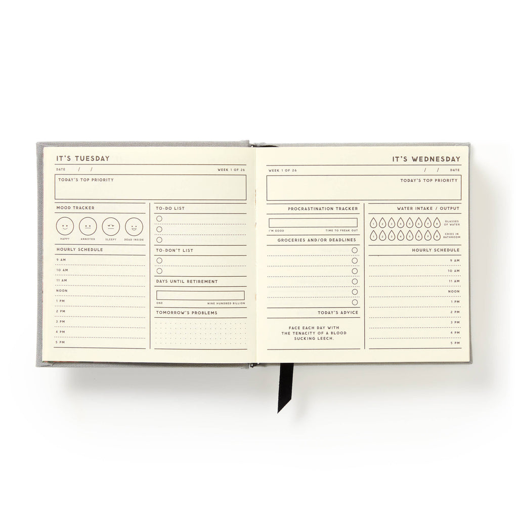 Humorous daily planner with mood tracker, to-do lists, and water intake log for intentional living
