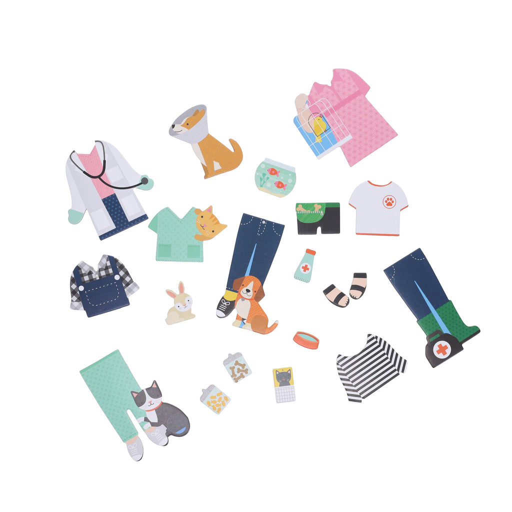 Colorful pet vet play set with dress-up clothes, animals, and accessories for imaginative kids' play