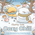 Coloring book cover with two cartoon characters in winter clothing on a snowy background, featuring the title 'Cozy Chill' by Cherry Lam.