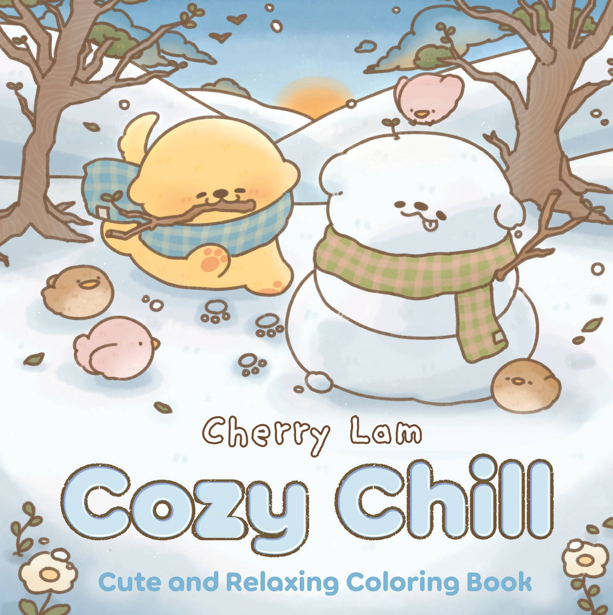 Coloring book cover with two cartoon characters in winter clothing on a snowy background, featuring the title 'Cozy Chill' by Cherry Lam.