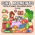 Cover of 'Girl Moments' coloring book by Coco Wyo with a girl sitting on a couch surrounded by pets and plants.