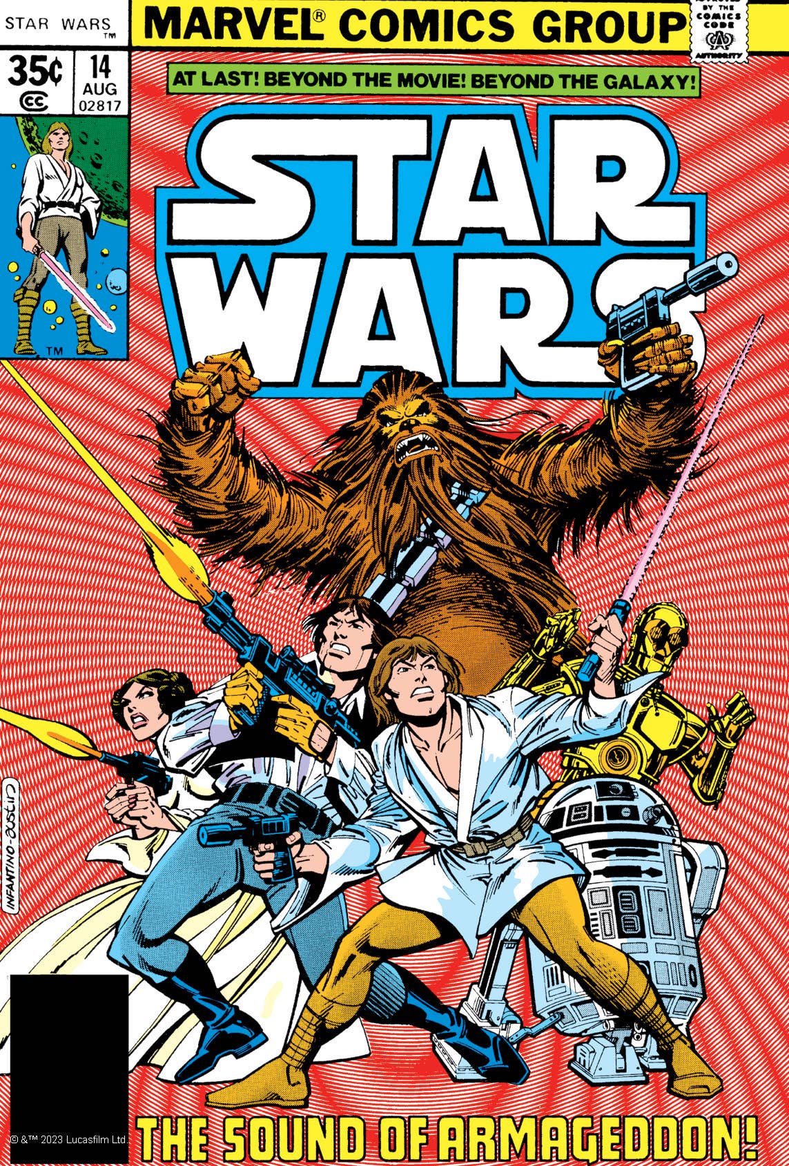 Star Wars comic book cover featuring Luke, Leia, Chewbacca, C-3PO, R2-D2 in action pose, vintage Marvel Comics art