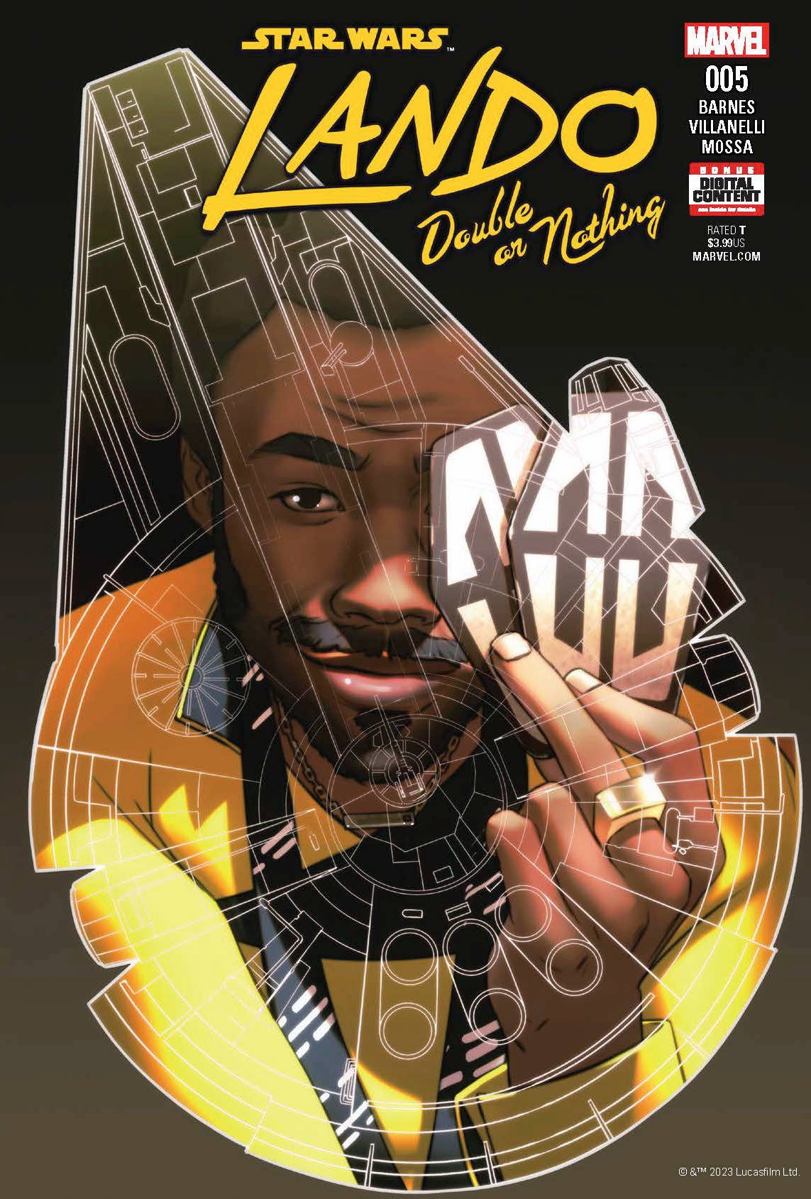 Star Wars Lando comic cover, issue 005, featuring Lando Calrissian holding cards with holographic ship schematics