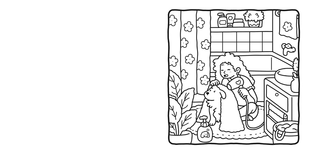Black and white illustration of a child with a dog in a room.