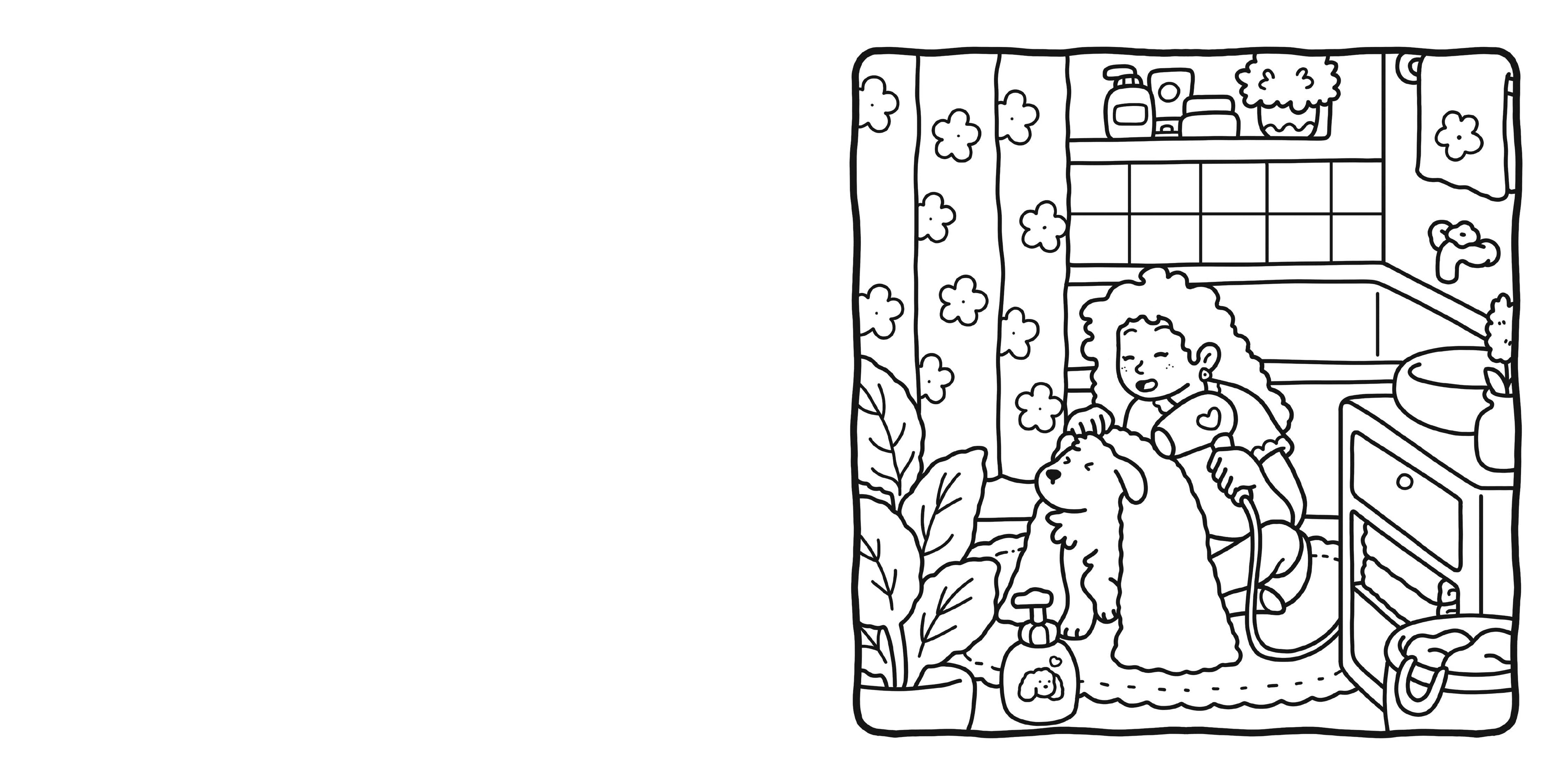 Black and white illustration of a child with a dog in a room.